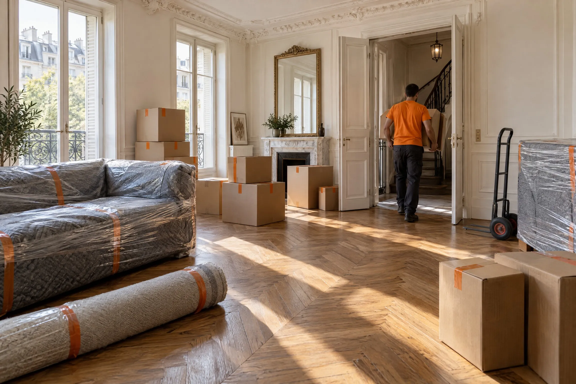 Paris living room the day before a move: sealed boxes, sofa and dresser wrapped in blankets