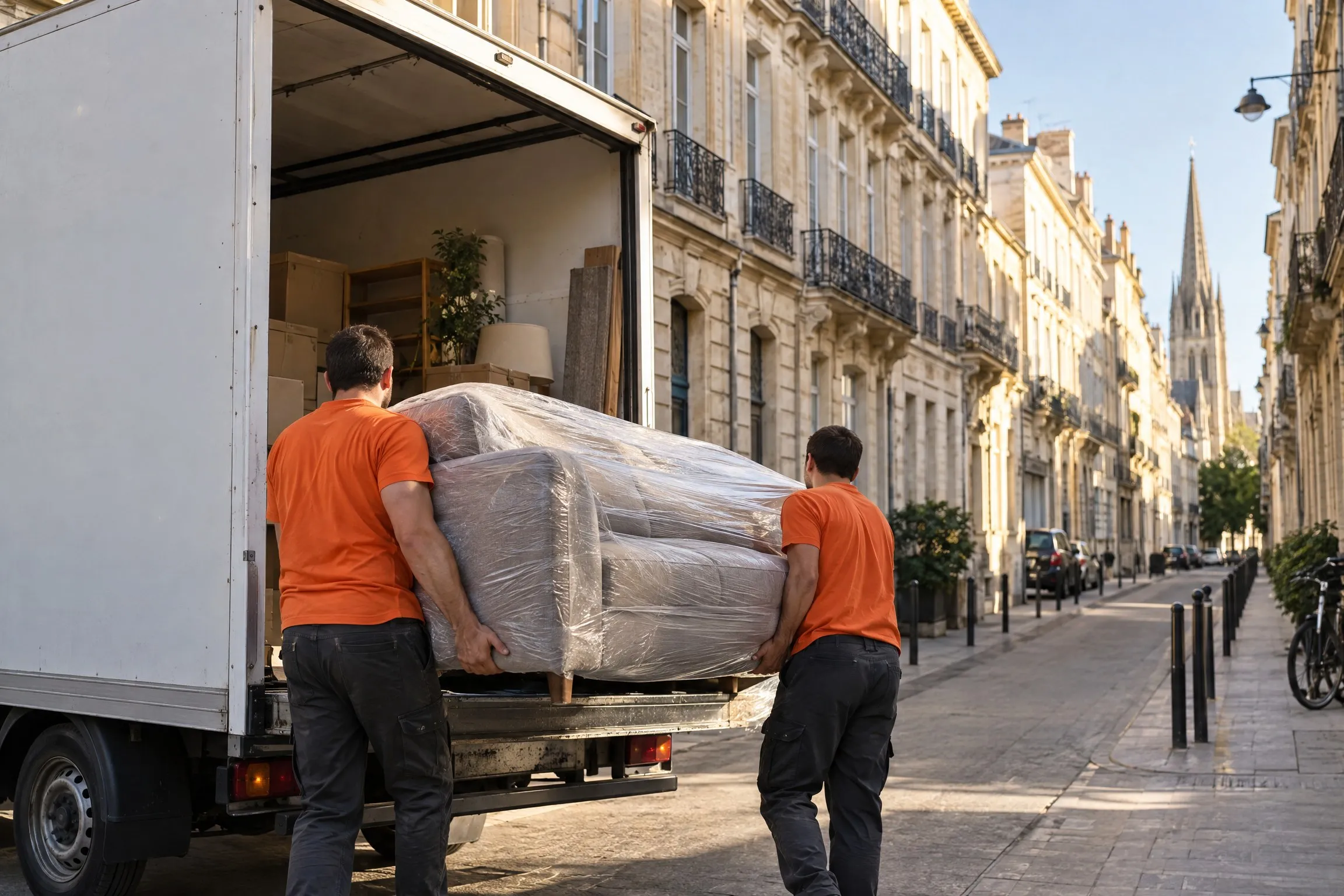 Déchargement d'un canapé dans une rue en pierre blonde