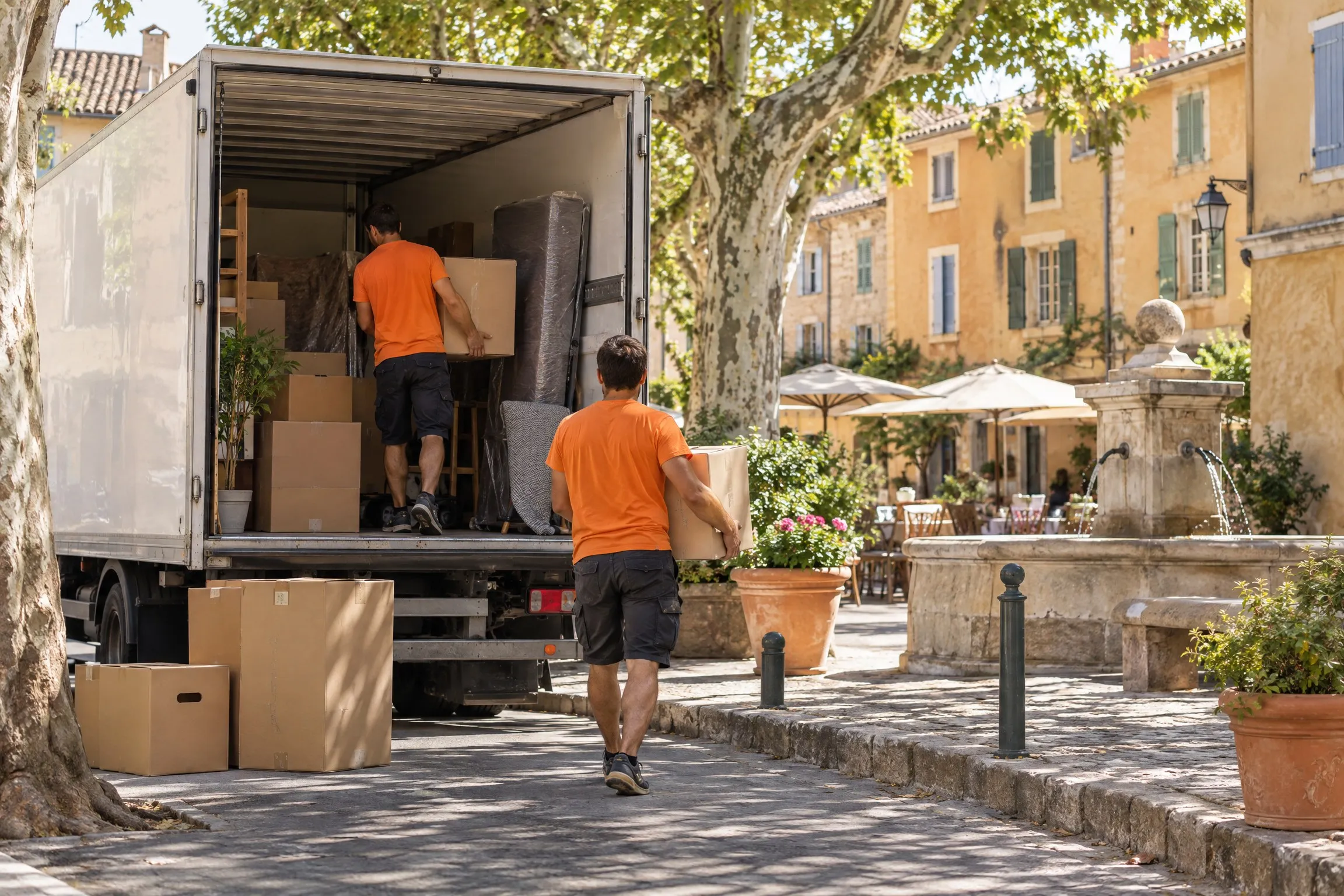 Déchargement dans une rue ensoleillée du sud de la France