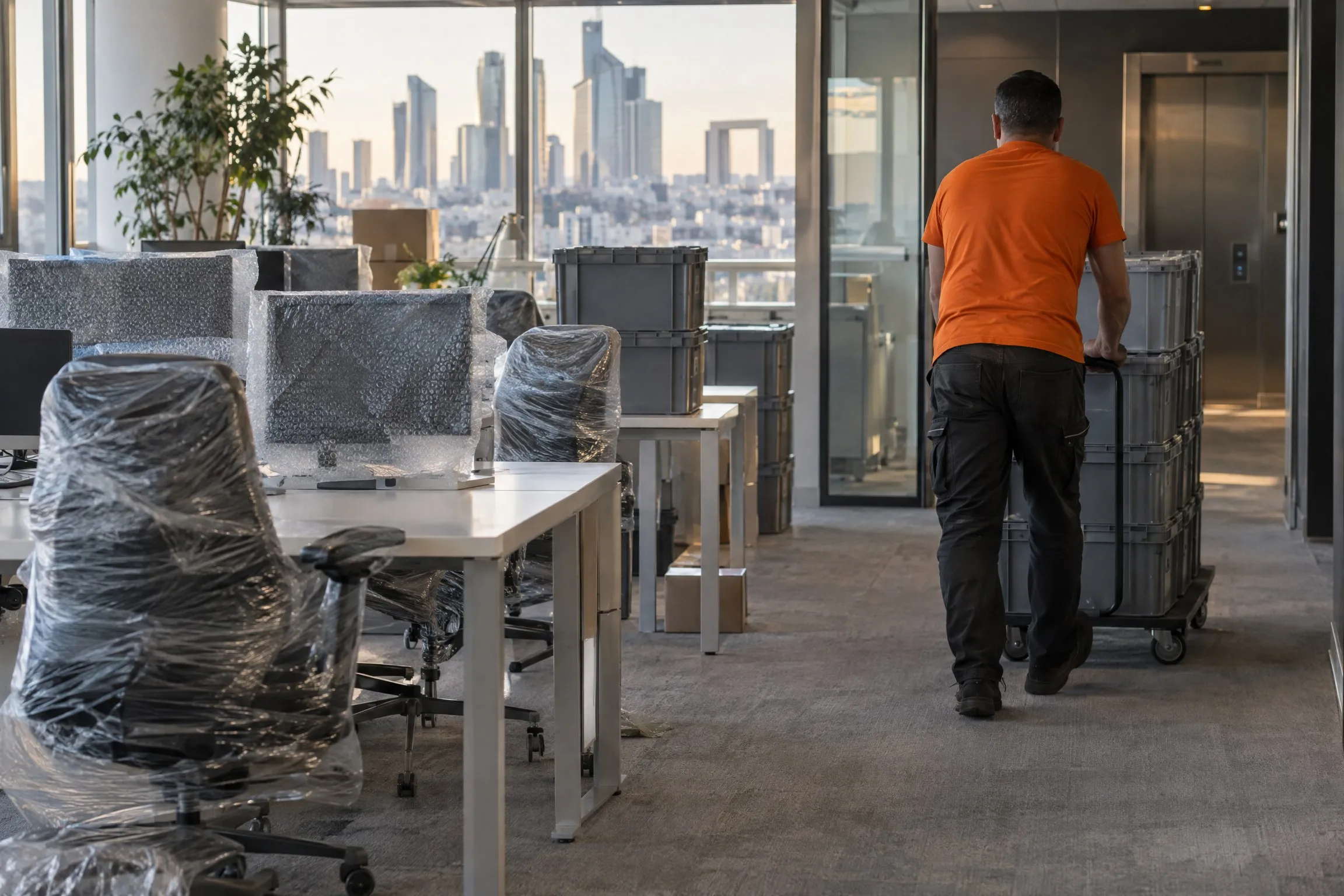 Office move: wrapped monitors and moving crates