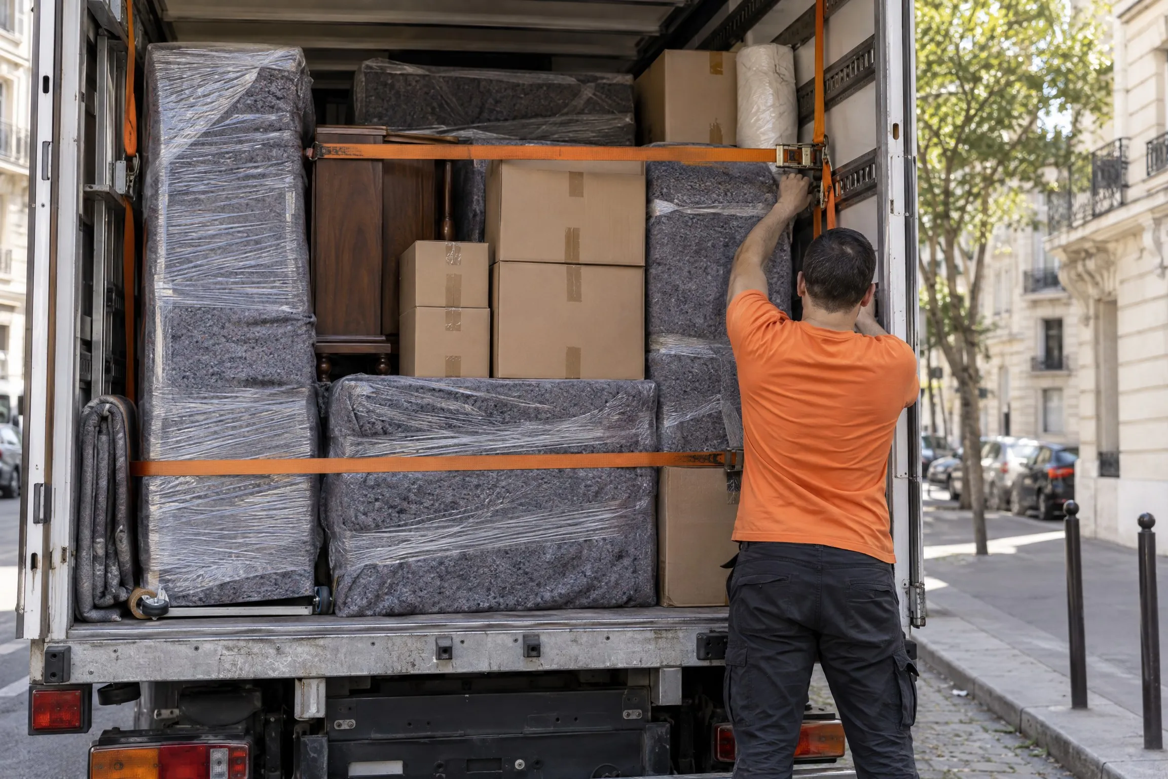 Camion chargé : meubles sous couverture sanglés contre les ridelles