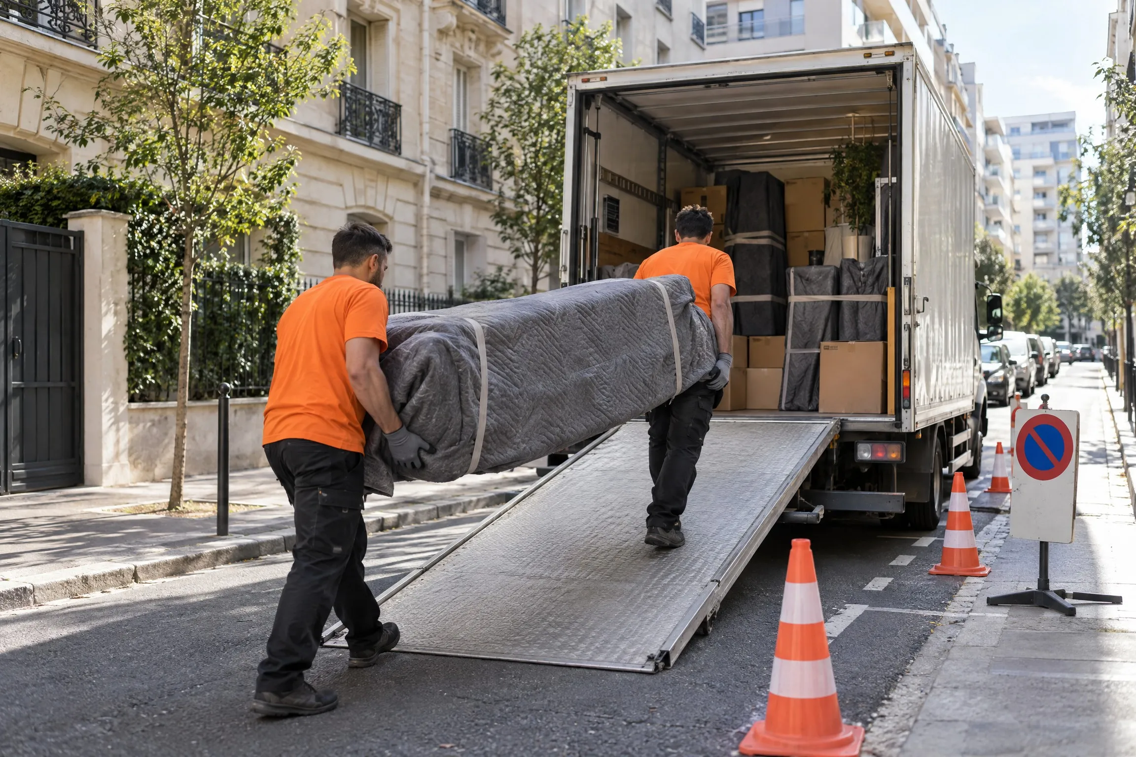 Deux déménageurs chargent un canapé protégé par une couverture dans un camion