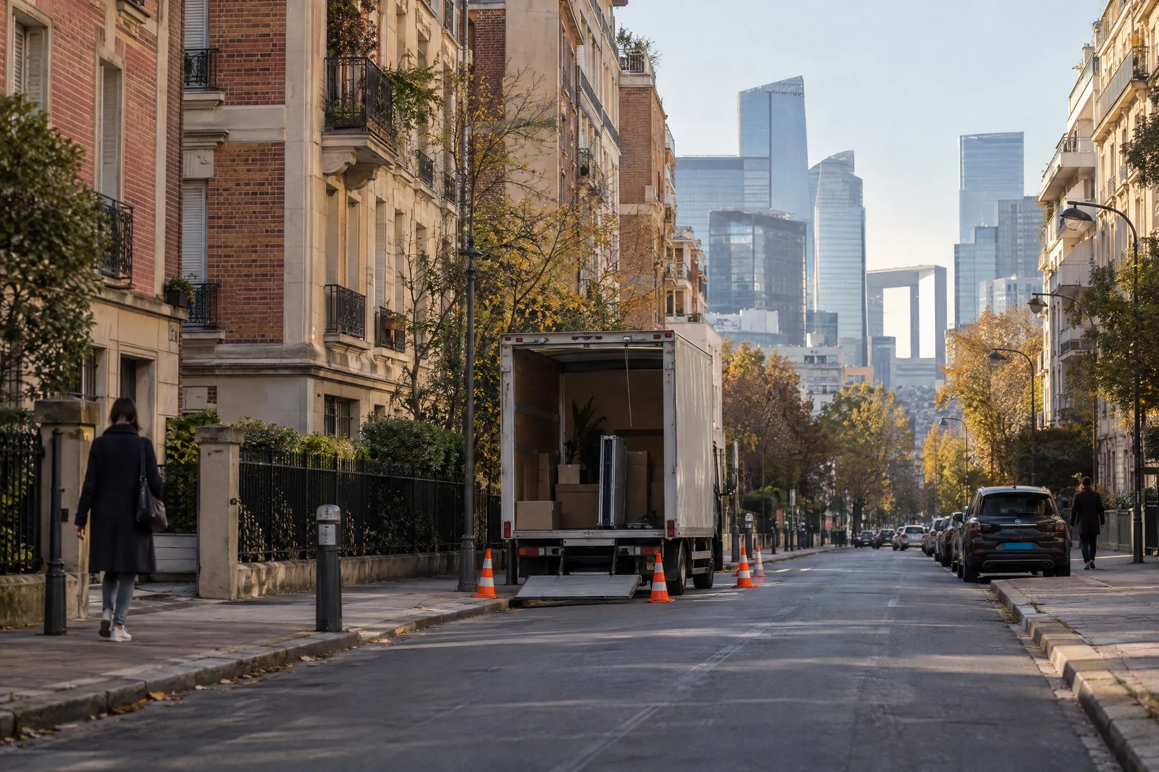 Camion de déménagement dans une rue de Courbevoie, tours de La Défense au fond
