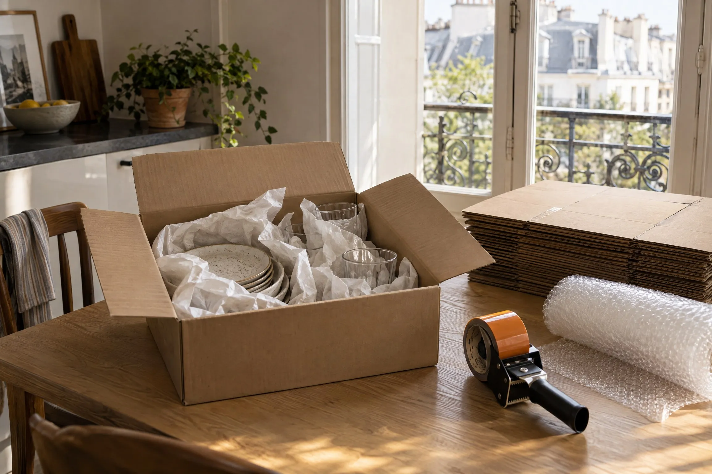 Vaisselle emballée dans du papier dans un carton de déménagement