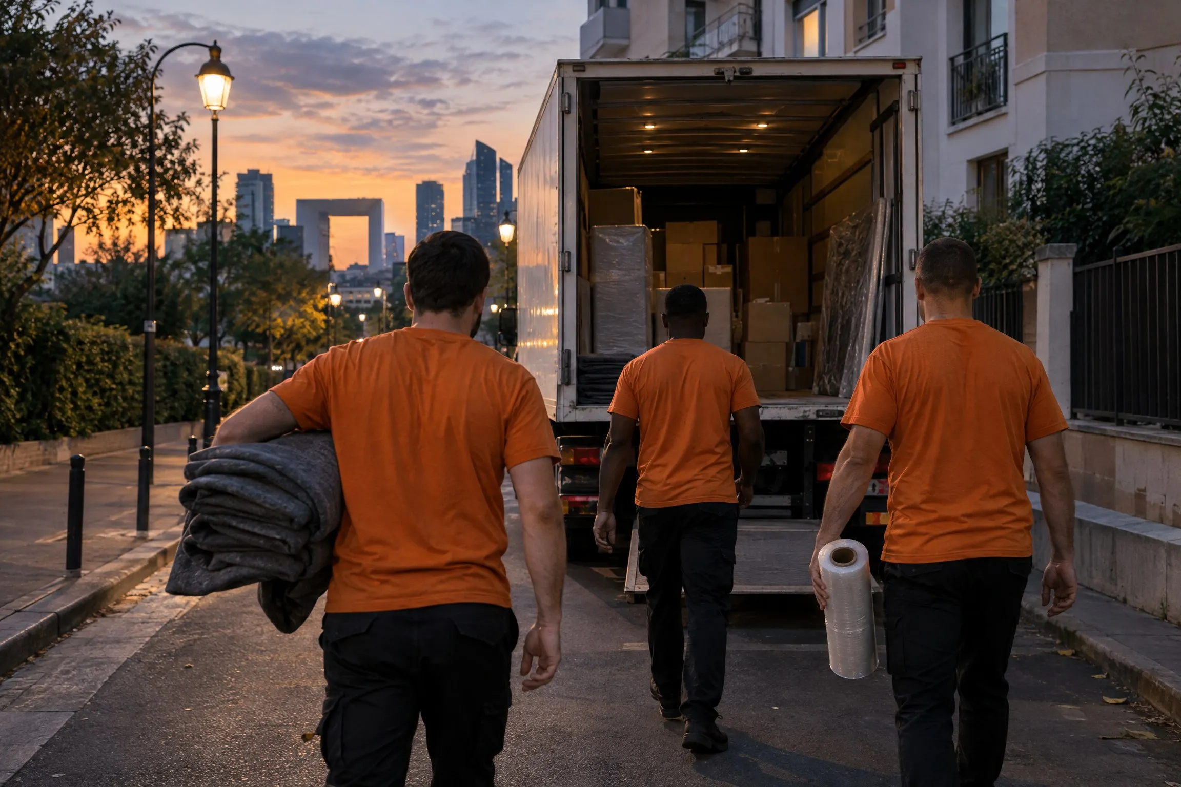 Équipe de déménageurs rejoignant le camion à l'aube à Courbevoie