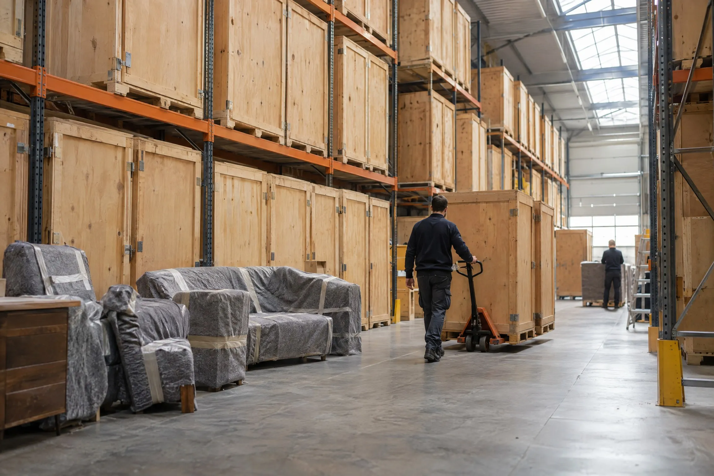 Storage warehouse: closed wooden crates on racks