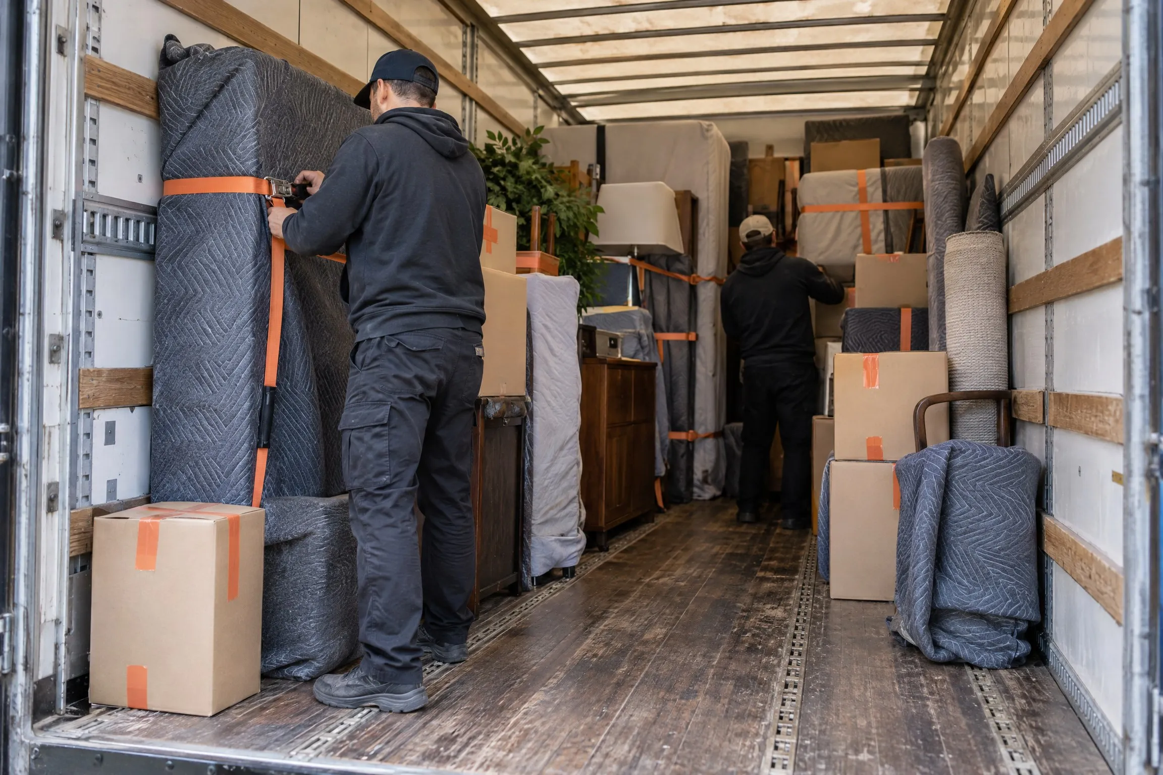 Chargement en groupage : les biens de plusieurs clients séparés par des sangles