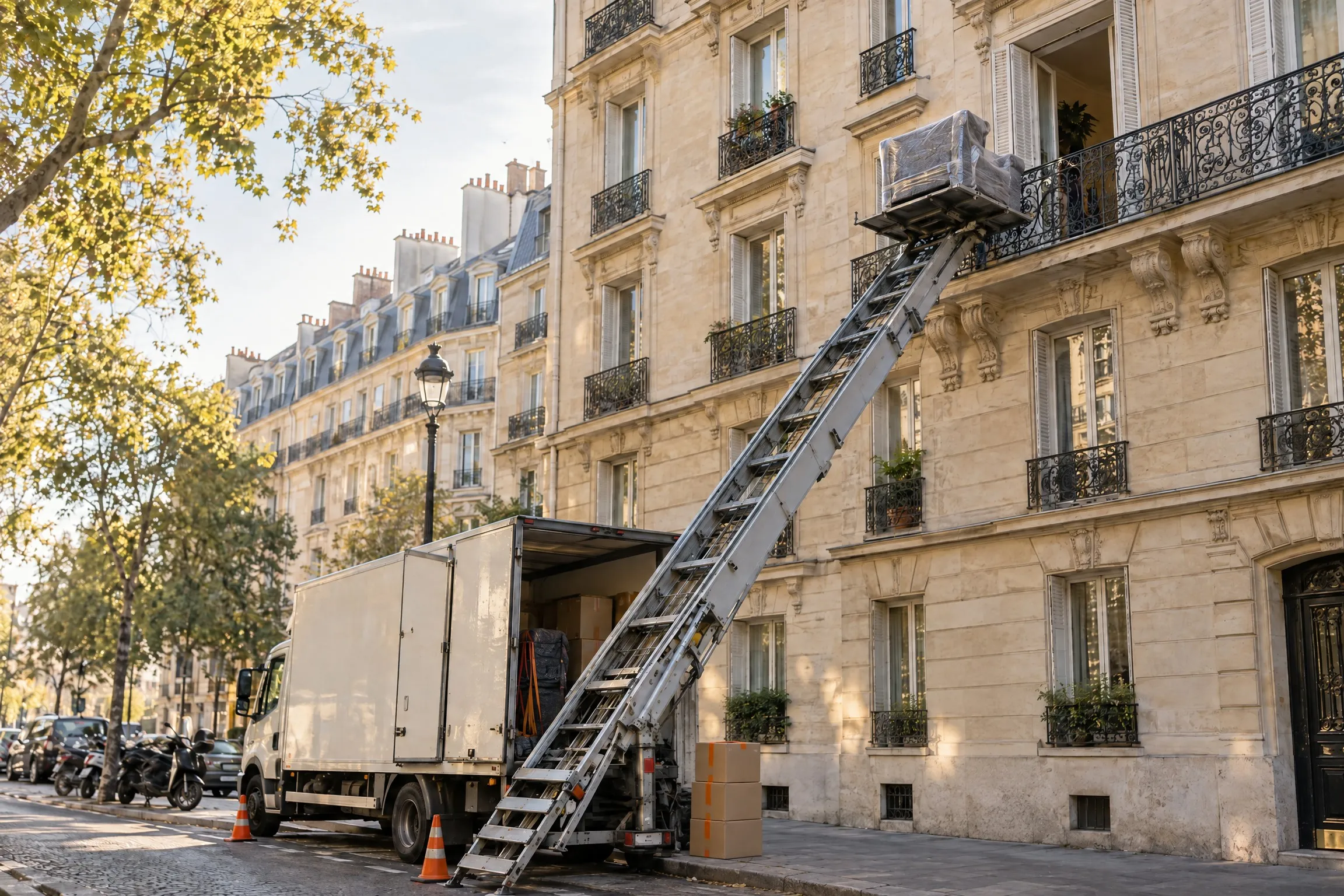 Monte-meuble déployé jusqu'au cinquième étage d'un immeuble haussmannien