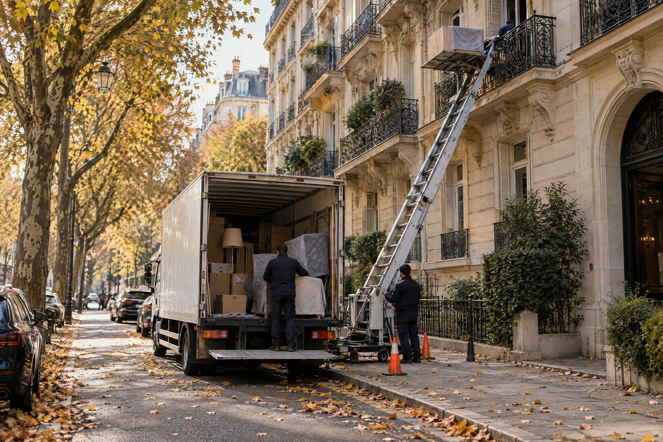 Monte-meuble sur une avenue de Neuilly-sur-Seine