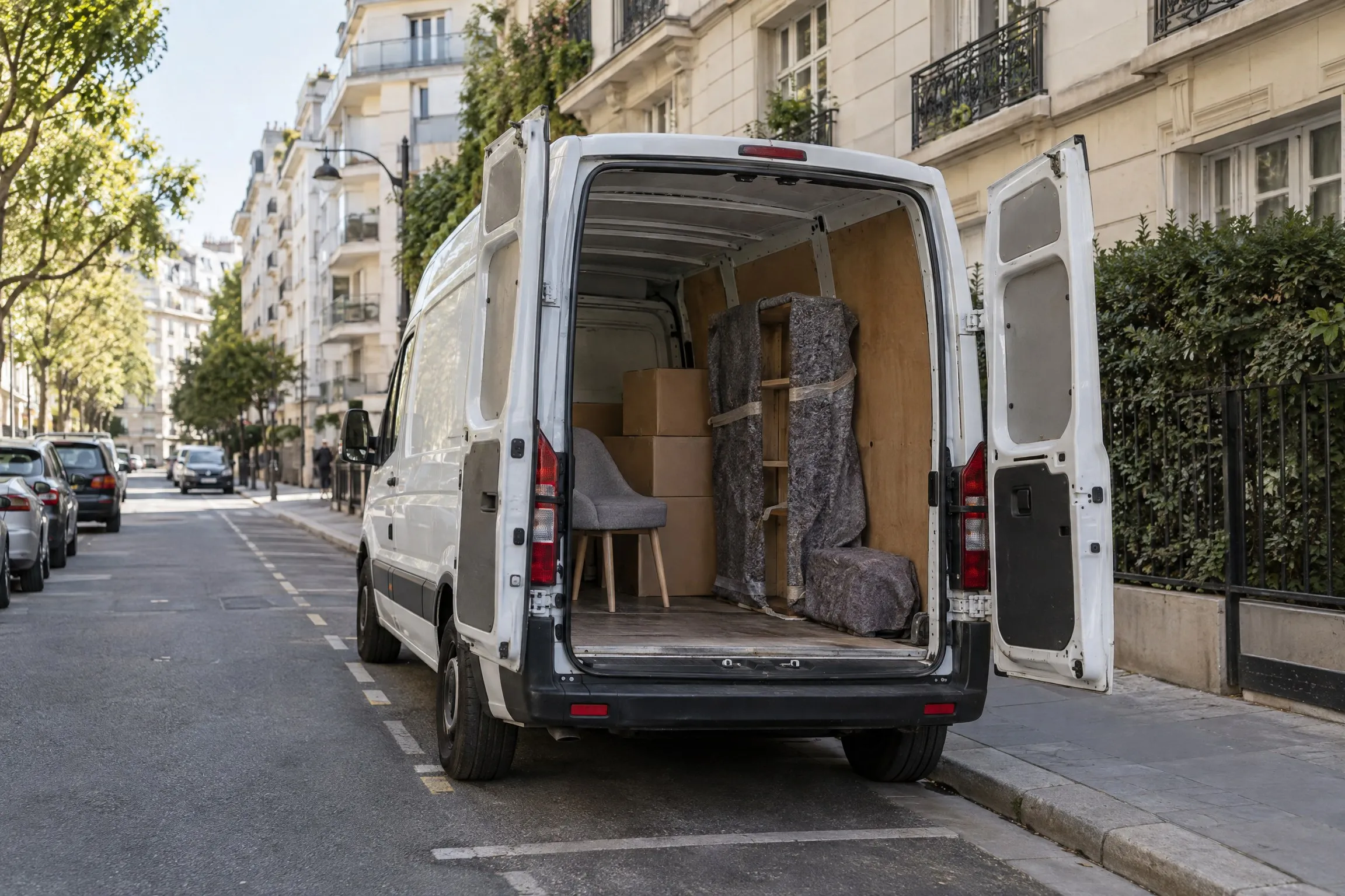 Camionnette de déménagement avec quelques cartons et une chaise