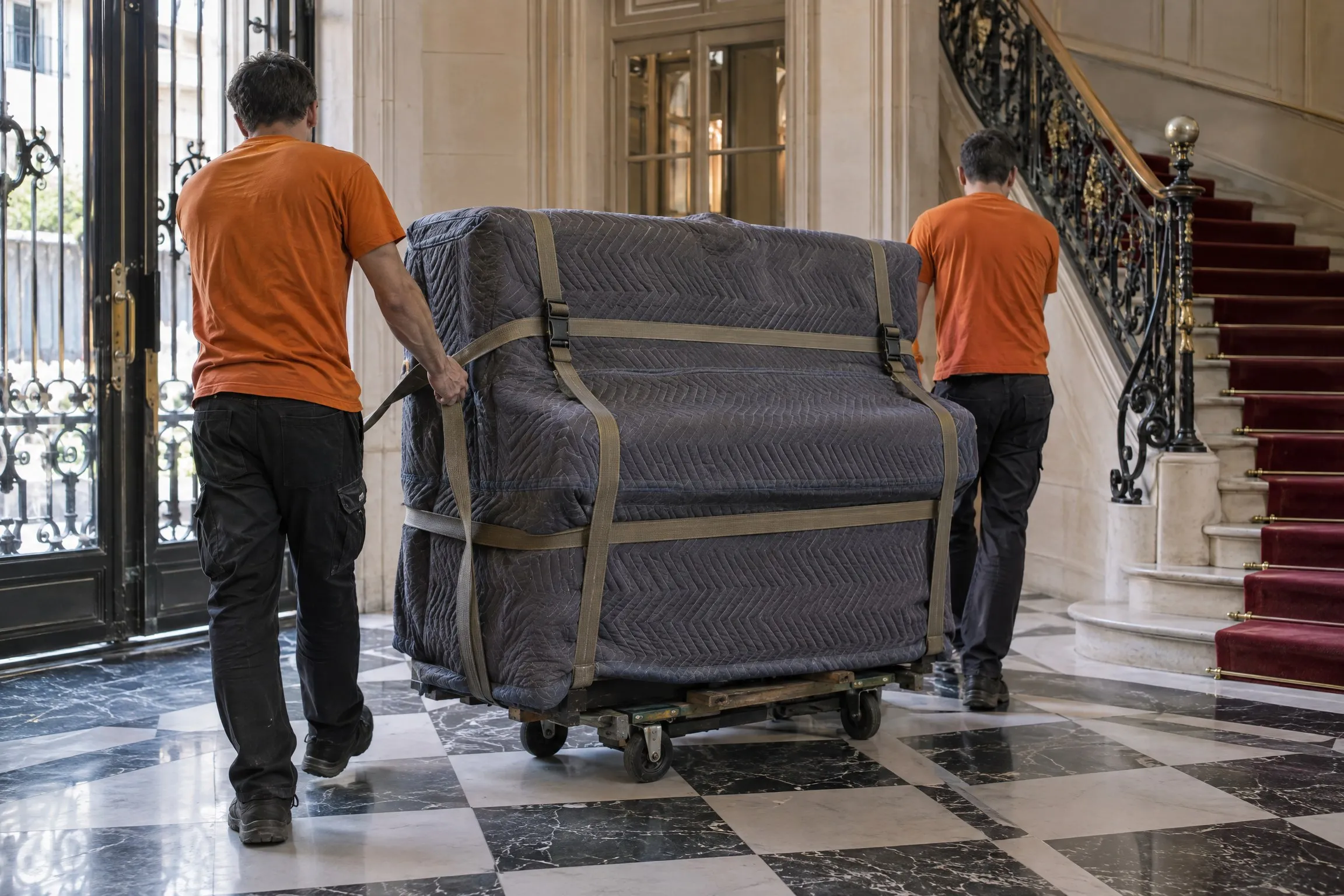 Piano droit protégé sur un chariot dans le hall d'un immeuble haussmannien