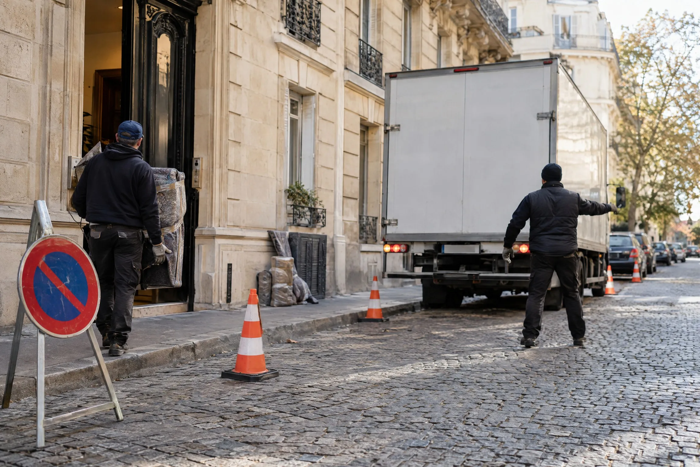 Emplacement réservé par des cônes devant un immeuble parisien