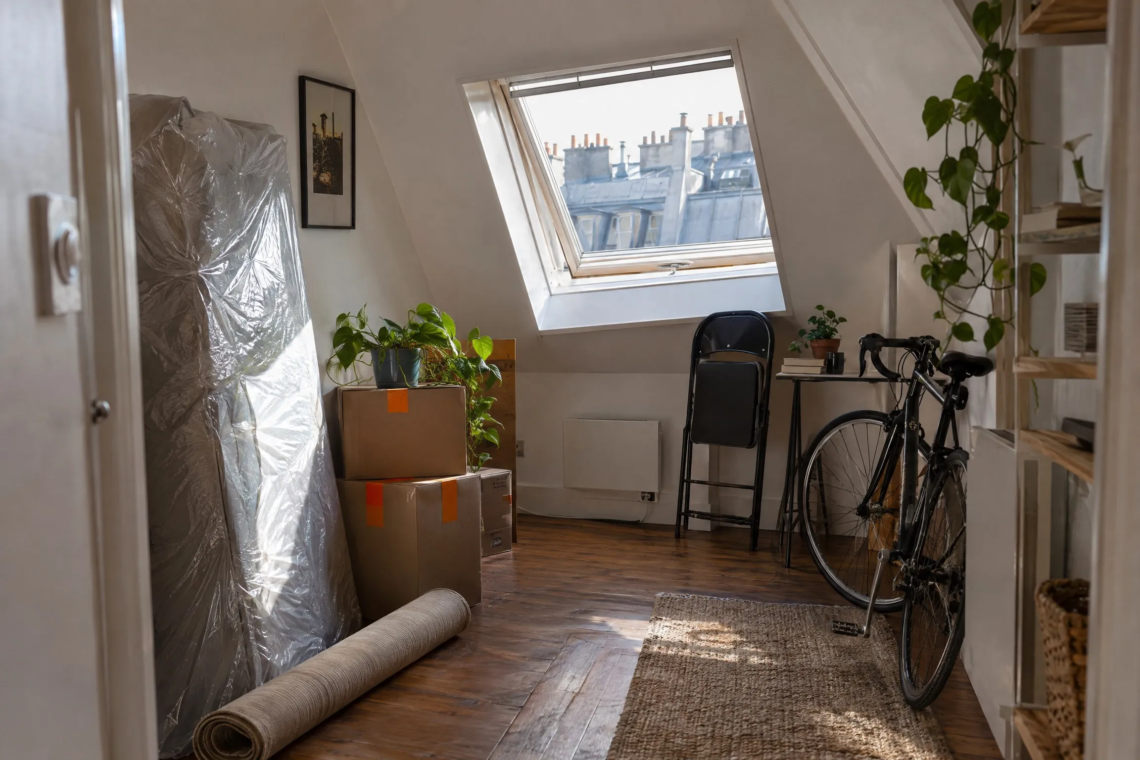 Attic studio with a few boxes and a covered mattress