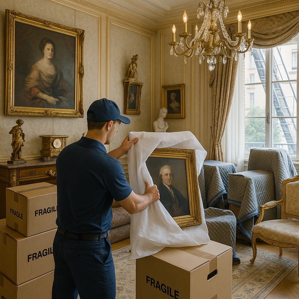 Déménageur emballant un tableau ancien dans un salon élégant pour un transport sécurisé