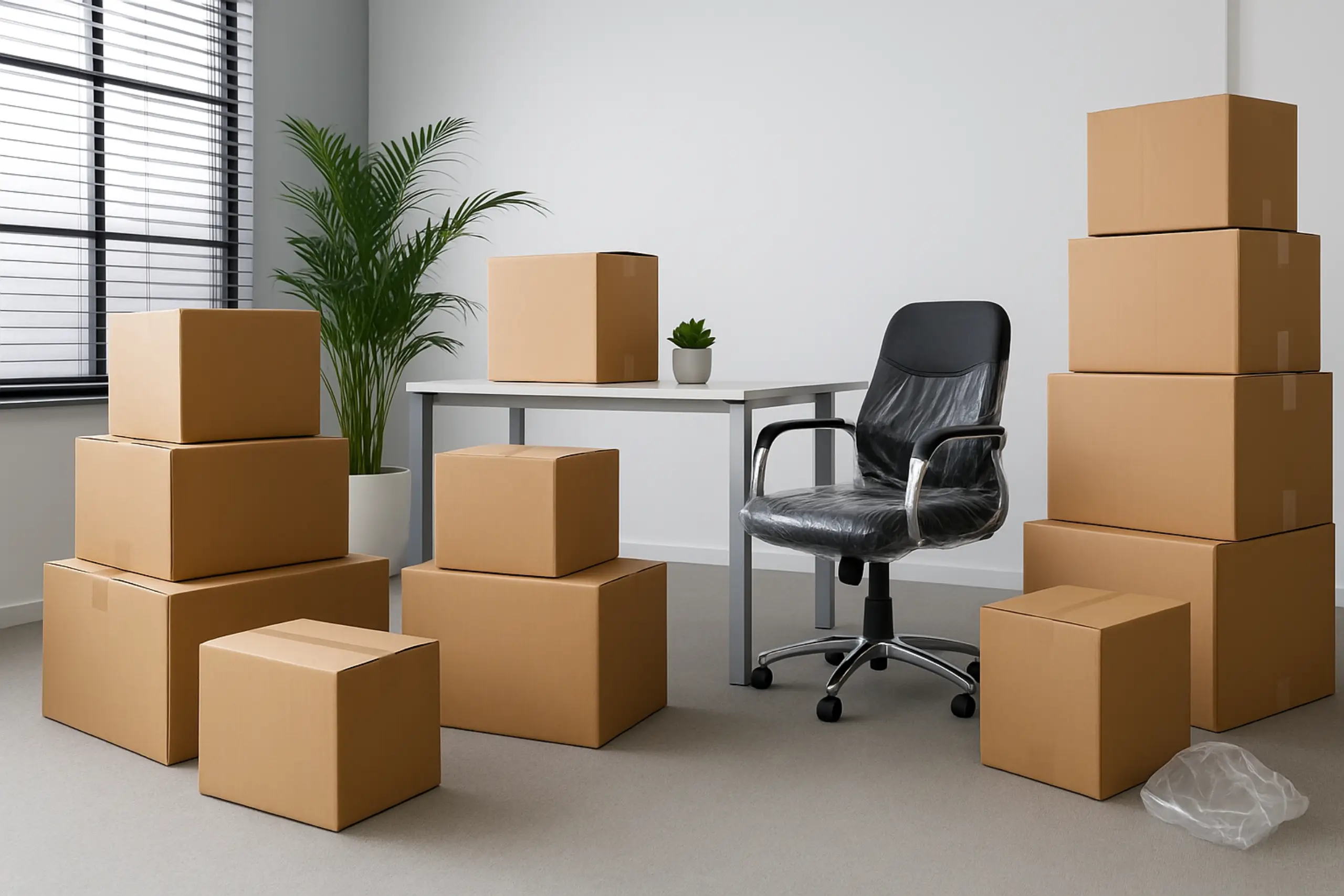 Bureaux avec cartons emballés pour un déménagement d’entreprise organisé